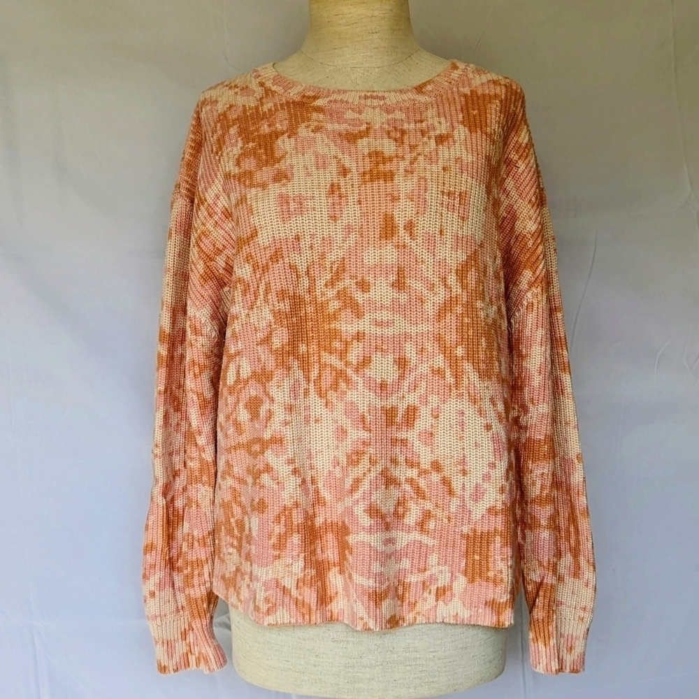 525 Sweater Shaker Knit Crew Neck Pullover Boxy Fit 100% Cotton Peach Pink L EUC